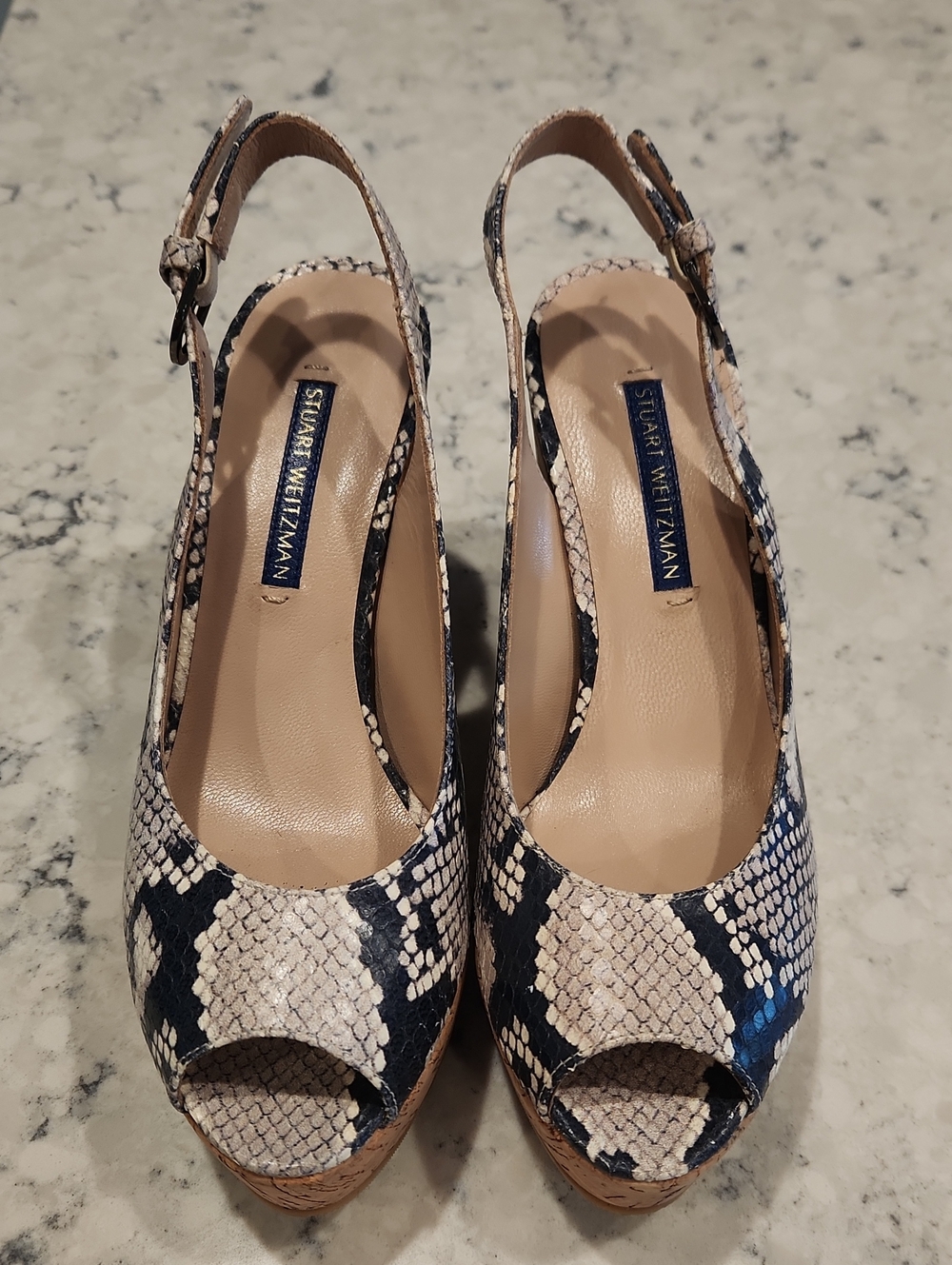 Stuart Weitzman Beige and Dark Navy Snake-Print Slingback Wedges